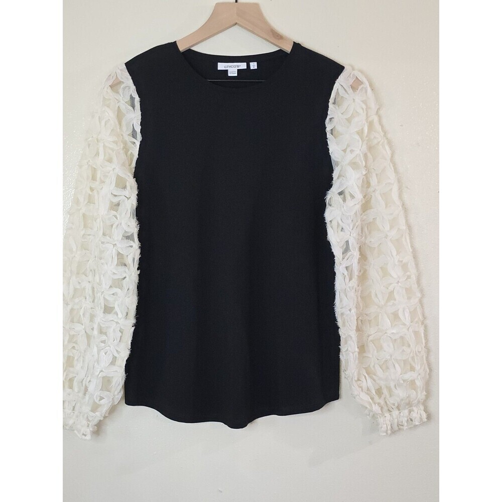 Chico's Mesh Applique Sleeve Blouse Womens Size 1 Medium Black Ivory Elegant Top - Picture 7 of 13